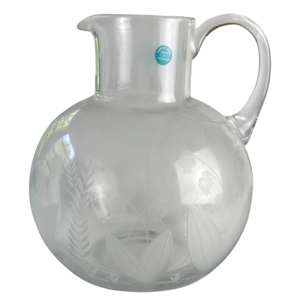 Tiffany & Co Etched Crystal Pitcher Floral Glass Carafe Made in Romania 8 inch
